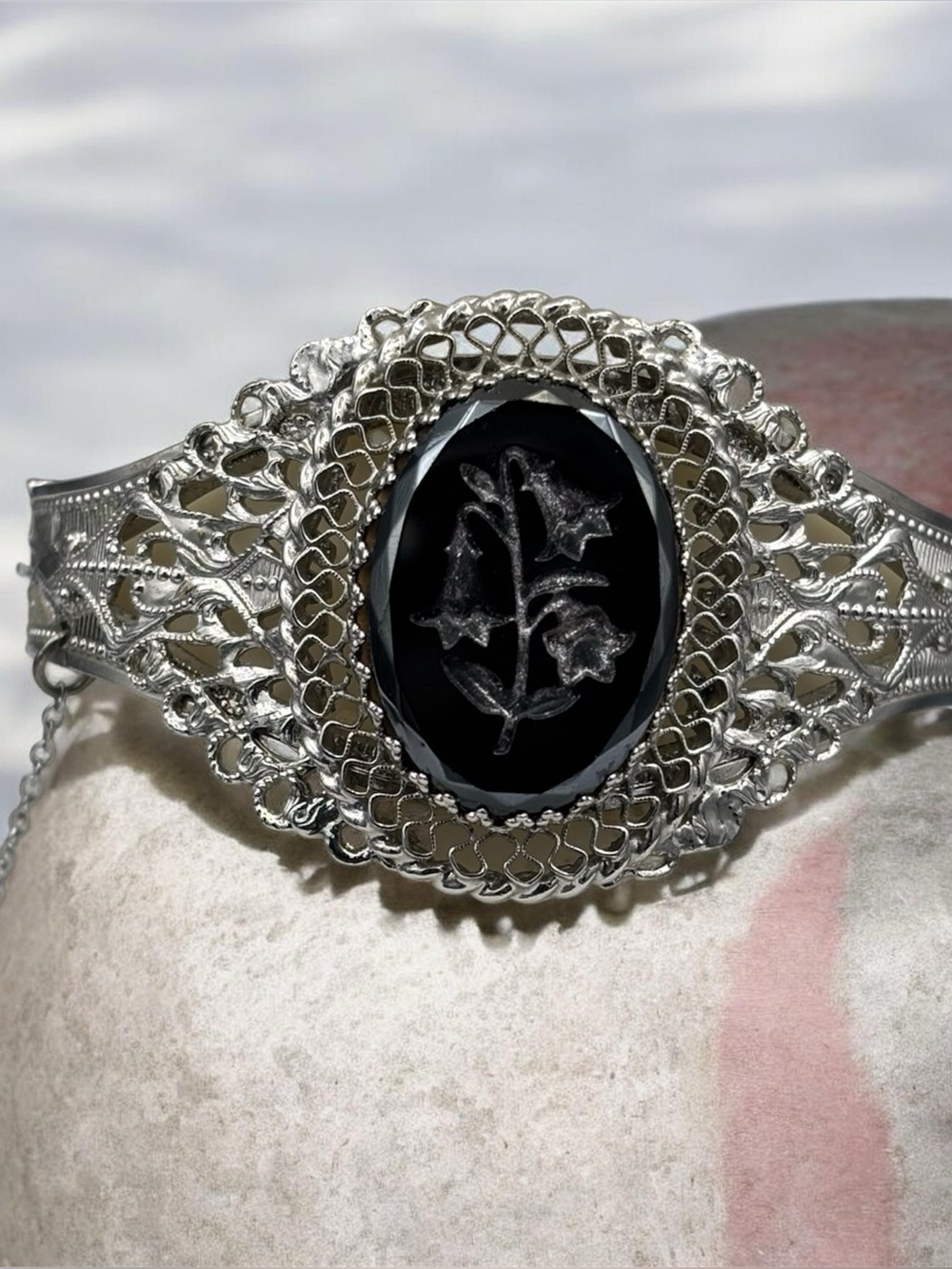 Whiting and Davis Silver Black Onyx Cameo Bracelet